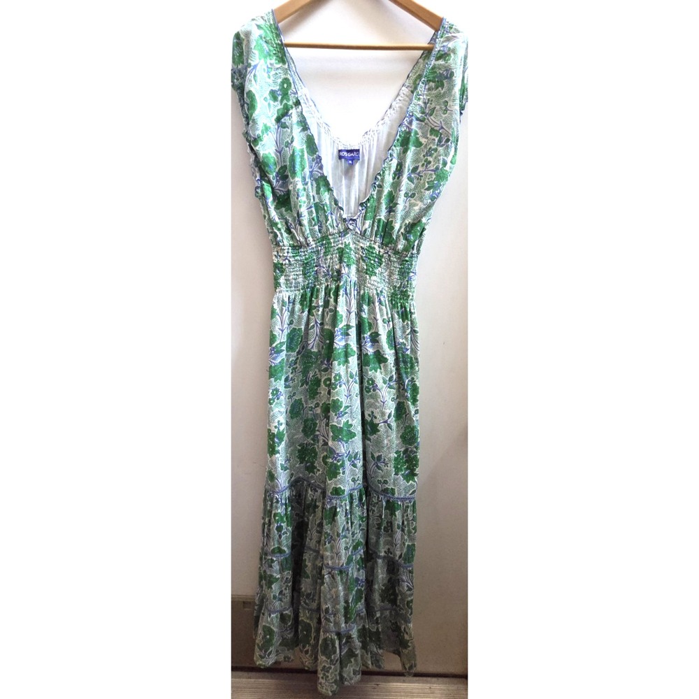 Anthropologie RO'S GARDEN XL Hilda Maxi Dress Green/White Smocked Waist Deep-V - Picture 1 of 10